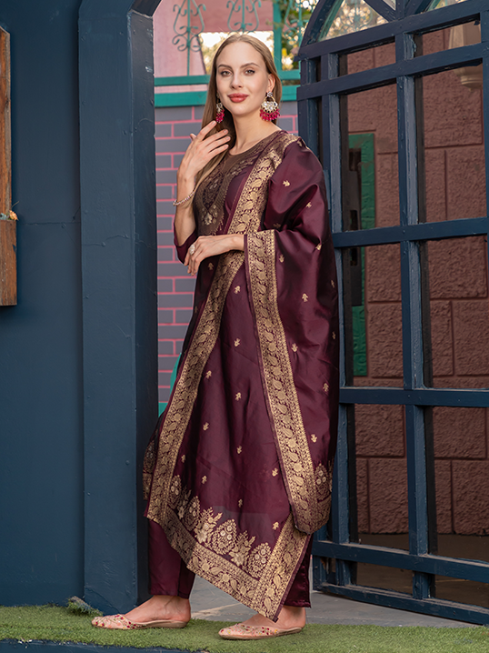 Traditional Embroidered Silk Suit Set with Dupatta